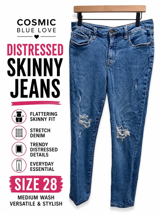 cosmic blue love Denim - Cosmic Blue Love Distressed Skinny Jeans Women’s Size 28 Medium Wash Denim